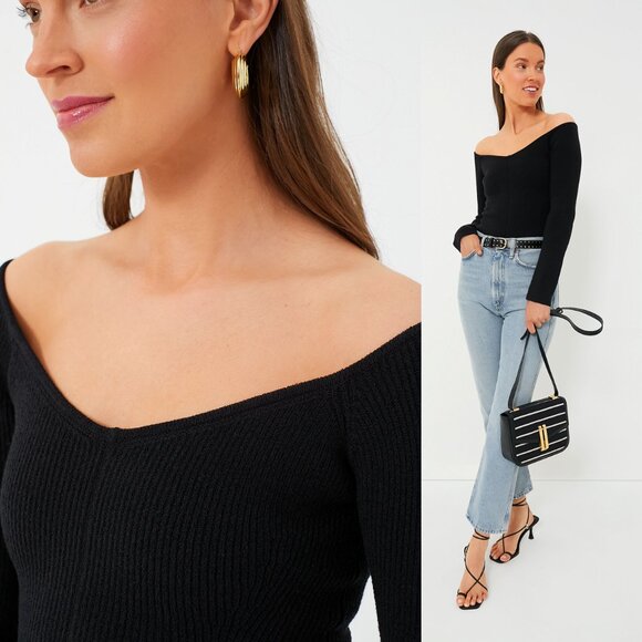 Tuckernuck NEW Black Knit Nicola Compression Off the Shoulder V Neck Top Size L - Picture 3 of 9